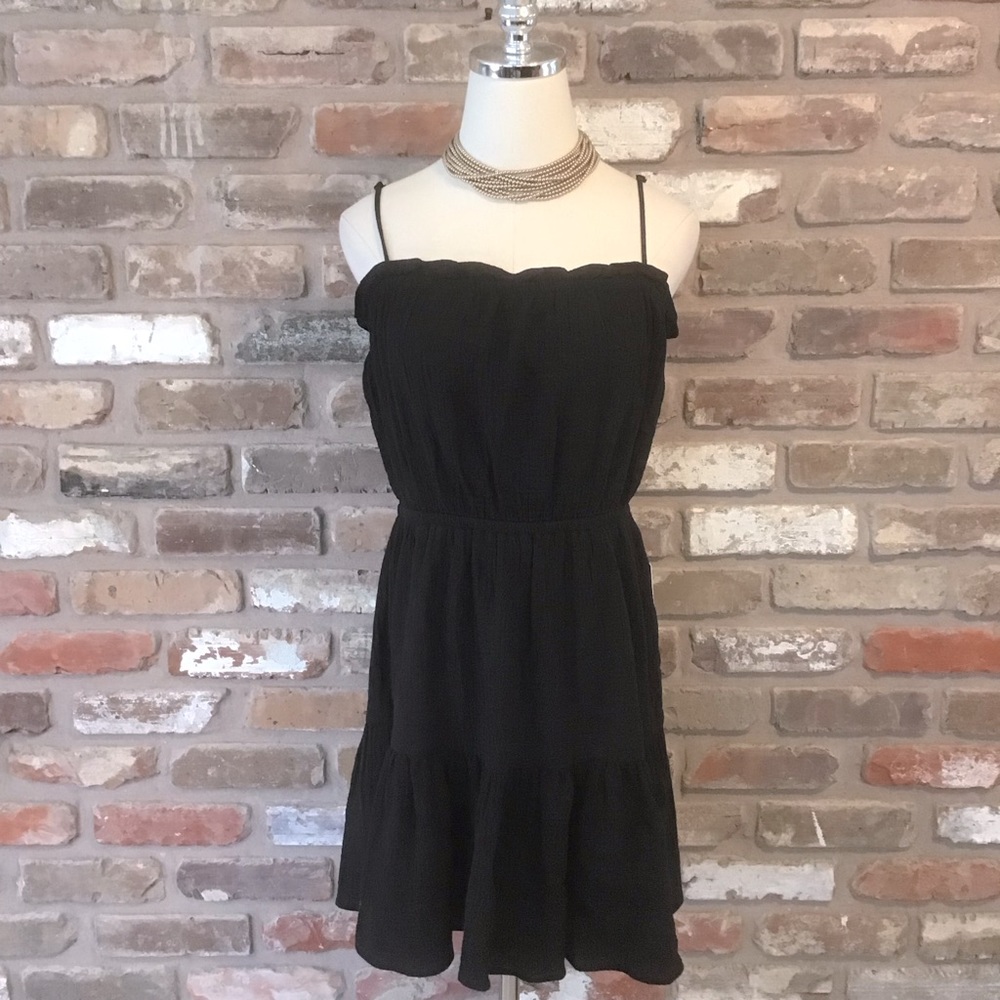 EXPRESS Black Crinkle Gauze Cinched Waist Tiered Cami Dress M NEW - Picture 2 of 7